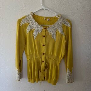 Anthropologie Mustard Cardigan with Cream leaf stitching